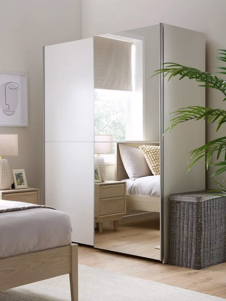 Cheap Furniture Warehouse Houston Sliding Door Wardrobe in White with Mirror, W: 150.1 cm, H: 190.5 cm, D: 61.2 cm