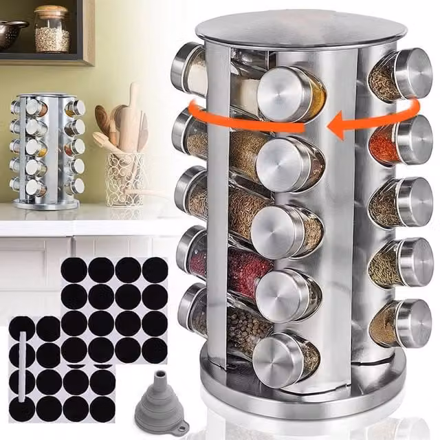 VOGREX Rotating Stainless Steel Spice Carousel Rack with 20 Jar Stand in Silver – 1