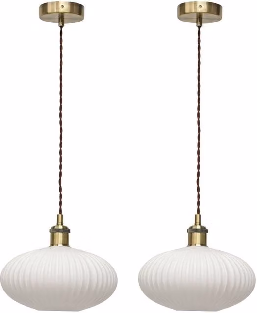 First Choice Lighting Set of 2 Baton Retro Pendant Lights with White Ribbed Oval Glass and Antique Brass Finish