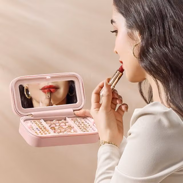 SONGMICS Travel Jewellery Box Case with Mirror, Pink, W/D/H: 20.5 x 6.0 x 6.0 cm