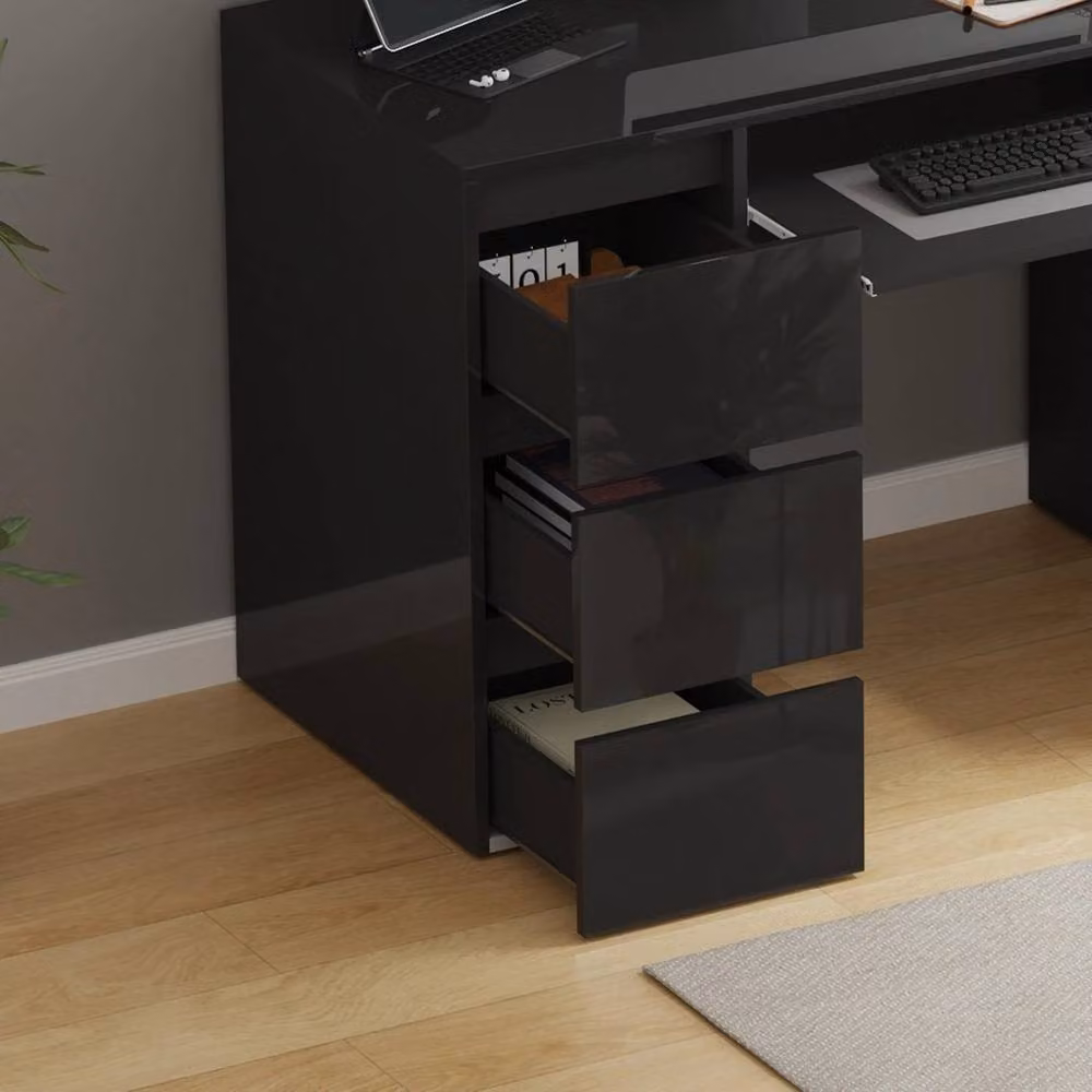 PAWNORA Black Glossy Modern Computer Desk with Dual Pedestals – 3