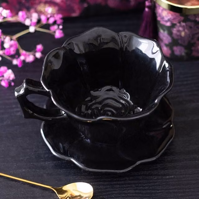 Uniqueful Black Floral Ceramic Teacup and Saucer, 250 ml