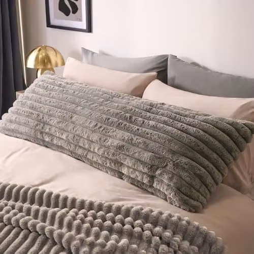 OHS Grey Ribbed Faux Fur Bolster Pillow for Maternity Support and Side Sleeping, W: 125 cm, D: 45 cm – 1