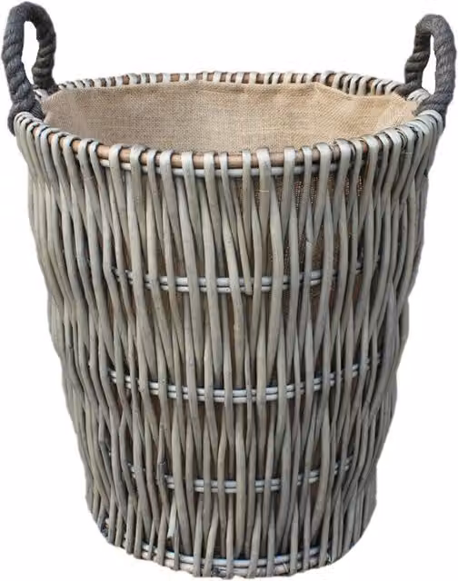 Red Hamper Tall Round Wicker Log Basket with Hessian Lining in Grey and Brown, H 49 cm x W 32 cm x D 43 cm – 1