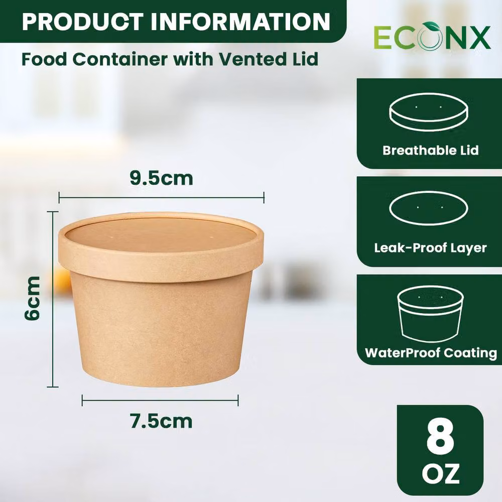 ECONX Brown Kraft Disposable Paper Soup Containers with Lids, 8oz, 25 Pack – 9