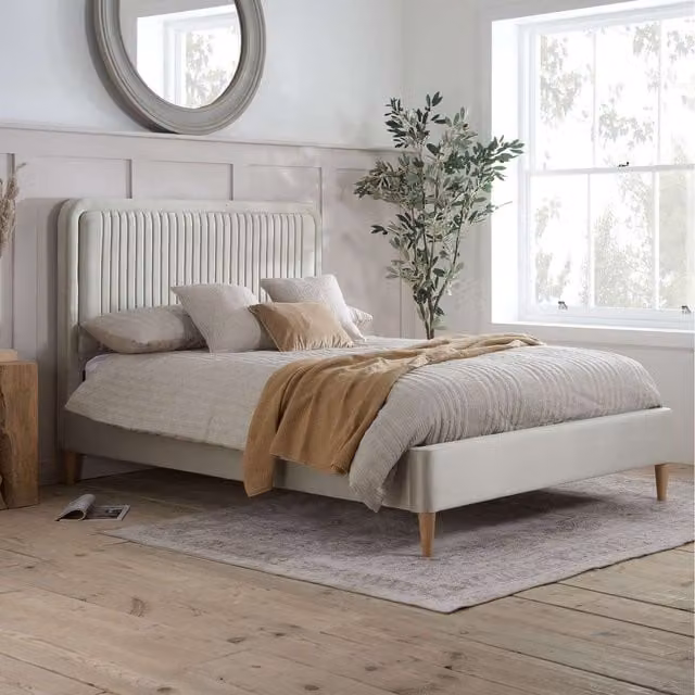 Birlea Marmont Upholstered King Size Bed Frame in Beige Fabric, W: 180 cm, D: 200 cm
