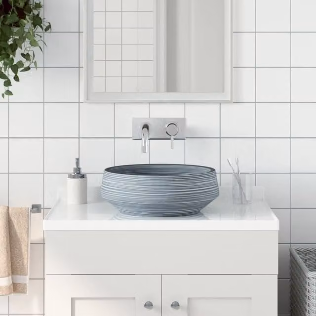 Berkfield Home Grey Round Ceramic Countertop Basin, Diameter: 41 cm, Height: 14 cm