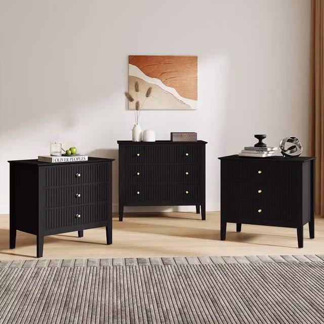 Melody Maison Hales Black Wide 3 Drawer Chest of Drawers and Pair of Large Bedside Tables – 1