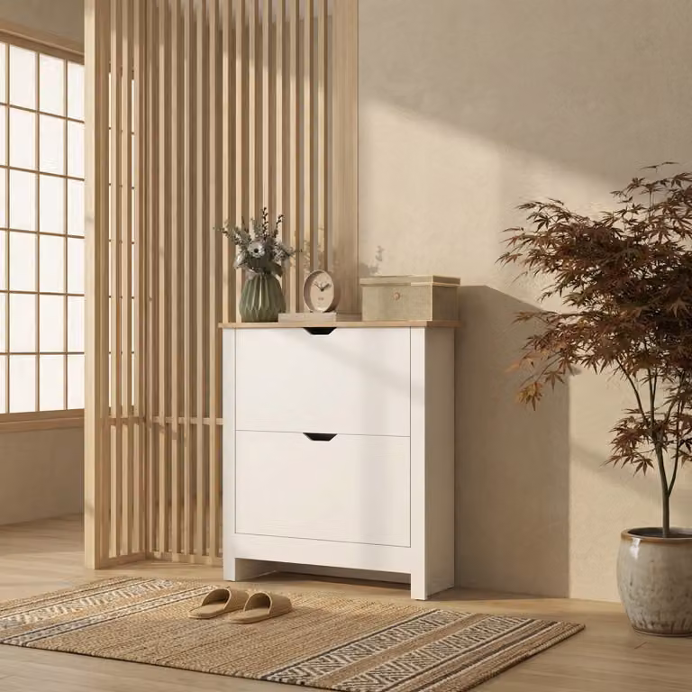 HOMCOM Slim White High Gloss Shoe Cabinet with 2 Tilting Drawers and Adjustable Shelves for 12 Pairs of Shoes