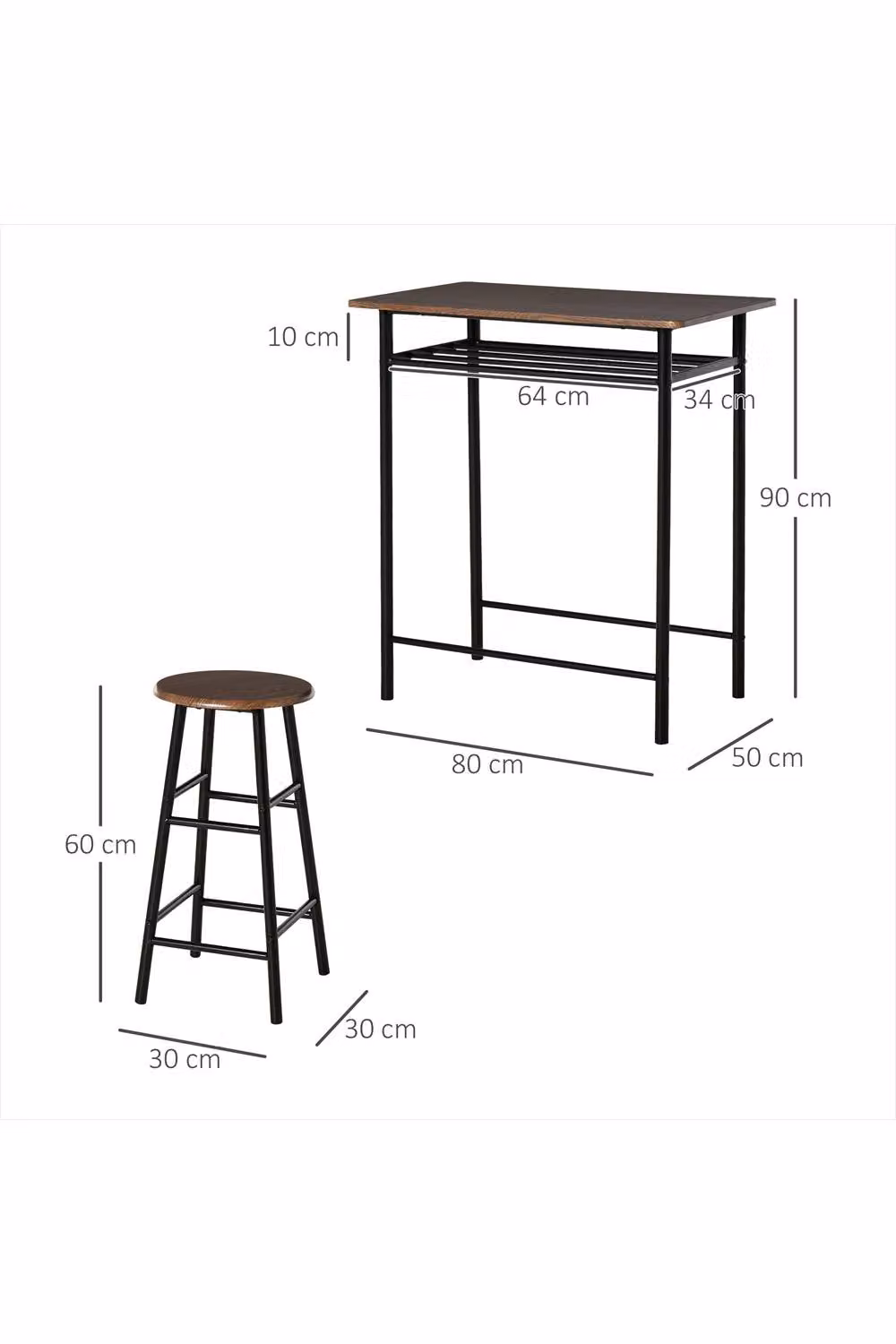 ERGOVEXA Bar Table and Chairs Set with Footrest and Storage Shelf in Black and Brown – 2