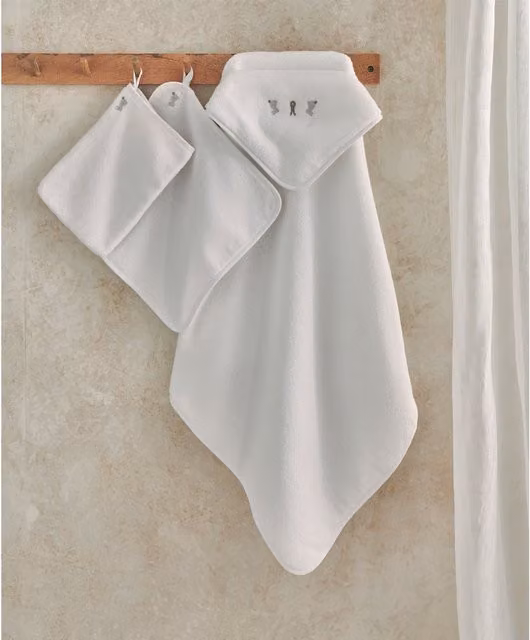 Mamas & Papas 3 Piece White Striped Cotton Terry Towelling Set for Babies