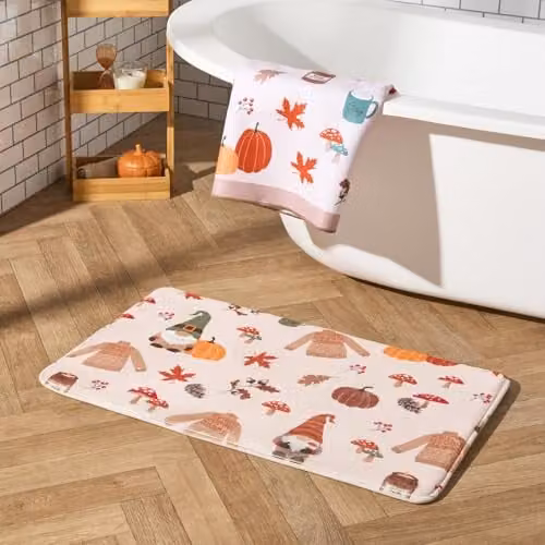 OHS Foam Bath Mat with Autumnal Gonk Design, Non-Slip and Quick-Drying, Beige, W: 75 cm, D: 45 cm