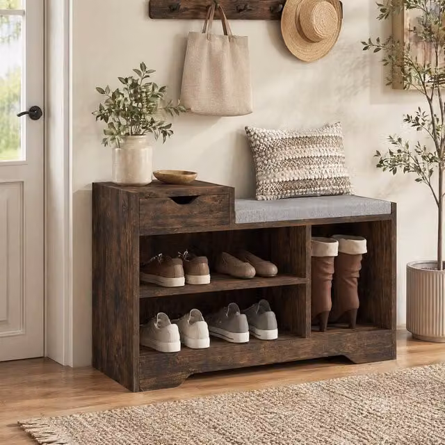 STILVORA Shoe Bench with Drawer and Padded Fabric Seat in Rustic Brown – 1