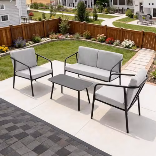 More4Homes Malibu 4 Seater L-Shape Garden Sofa Set in Grey with Glass Coffee Table and Weather Cover – 4