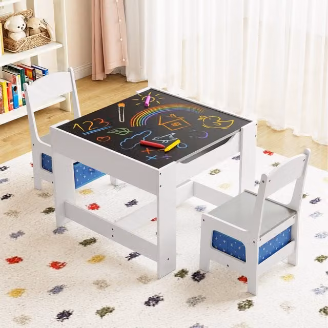COSTWAY Toddler Desk and 2 Chairs Set in White and Blue