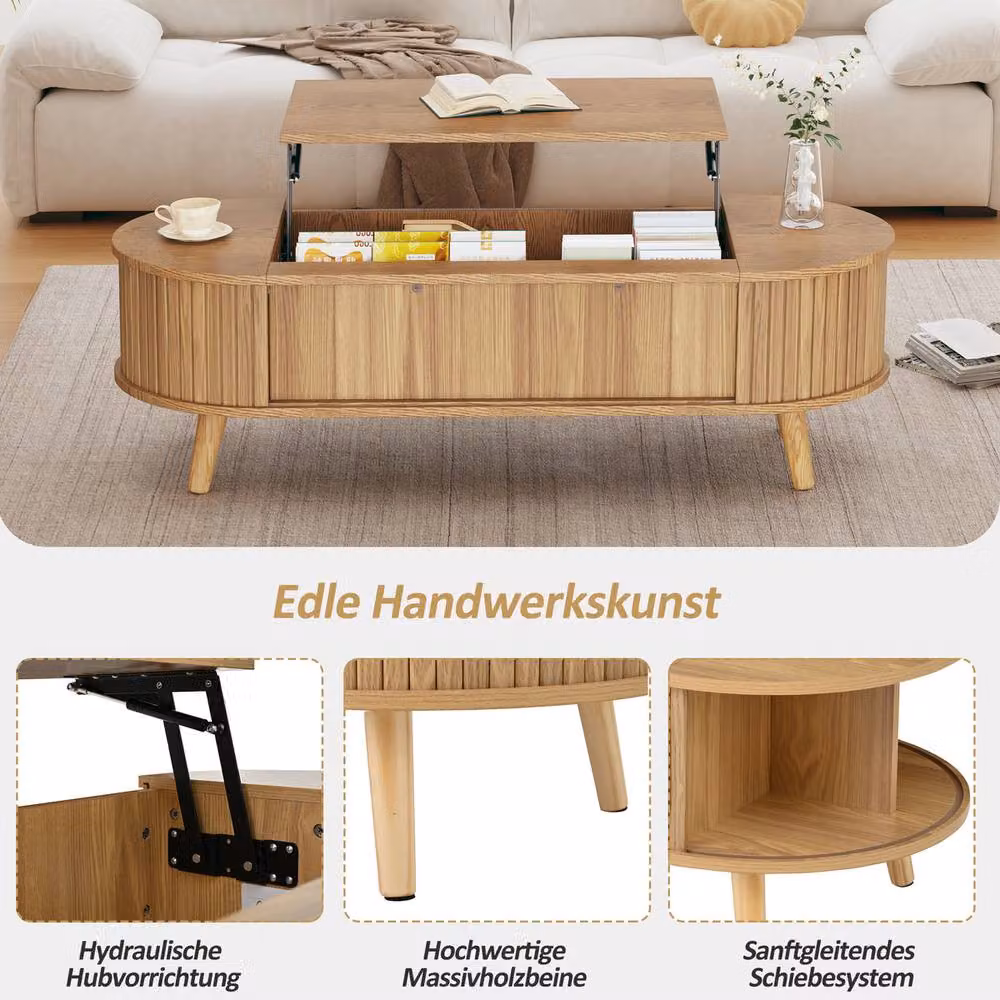 Rolipo Oval Lift Top Coffee Table with Hidden Storage in Brown Natural Wood – 3