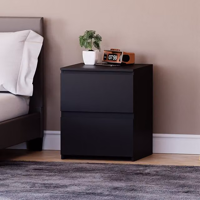 Vida Designs Denver 2 Drawer Bedside Table, Black, Width: 48 cm