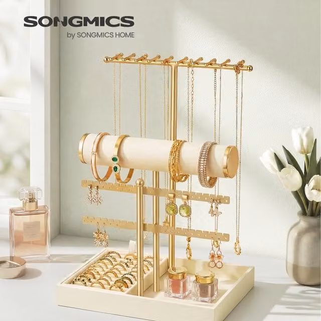 SONGMICS 5-Zone Jewellery Display Stand with Velvet Tray and Ring Holder in White and Gold