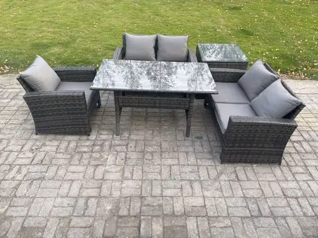Fimous Wicker Rattan Garden Dining Set with Double Sofa, Dining Table and Side Table in Dark Grey Anthracite
