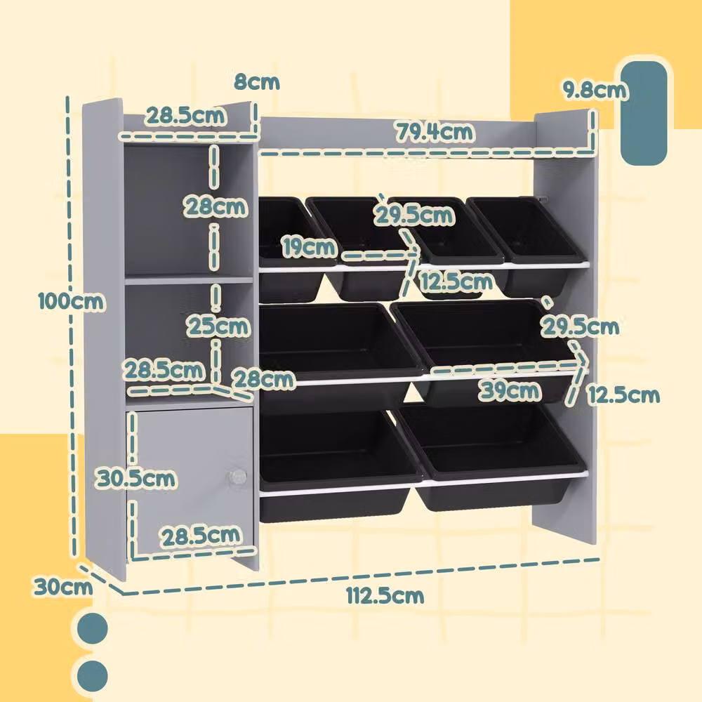 STILVORA Toy Storage Unit with 8 Bins in Grey, W/D/H: 100 x 30 x 30 cm – 3