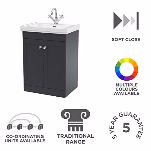 nuie Classique Traditional 2 Door Floor Standing Bathroom Vanity Unit with Fireclay Basin, Soft Black, W: 60 cm, D: 47.1 cm, H: 86.6 cm – 2