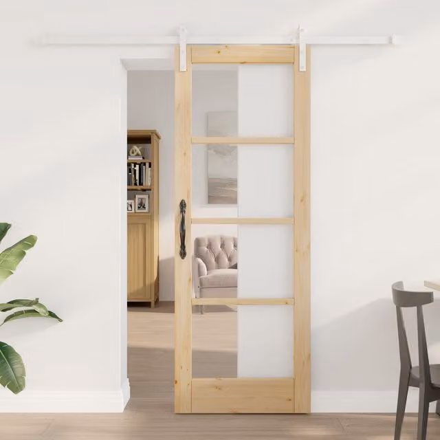 Berkfield Home Orkdal Minimalist Sliding Door with Hardware Set in Beige, Solid Wood and Glass, H: 198.5 cm, W: 73.5 cm