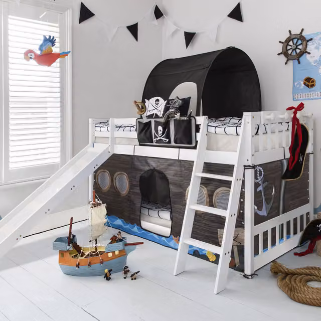 Noa and Nani Tuva Low Cabin Bed with Bunk and Slide in White and Black Solid Pine Wood