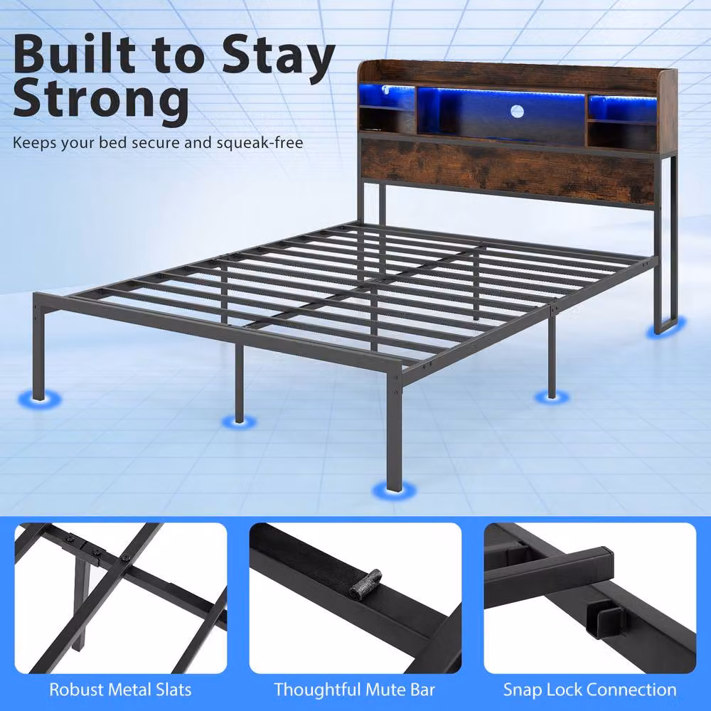 Costway King Size Metal Bed Frame in Brown with LED Lights, USB Charging Port and Side Compartments, W/D/H: 180 x 200 cm – 9