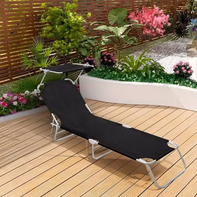 Alivio Modern Folding Recliner Sun Lounger Chair with Adjustable Sun Canopy in Black