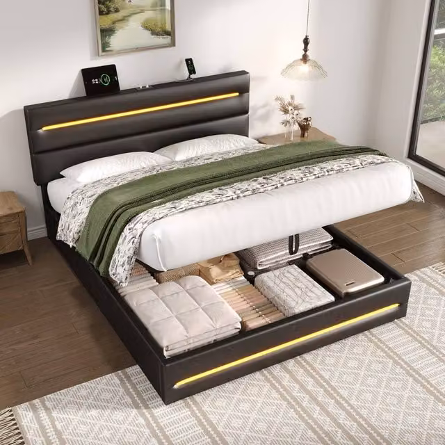 Merax Faux Leather Upholstered Ottoman Bed in Black with LED Lighting and USB Charging Port, W/D/H: 180 x 200 cm – 1