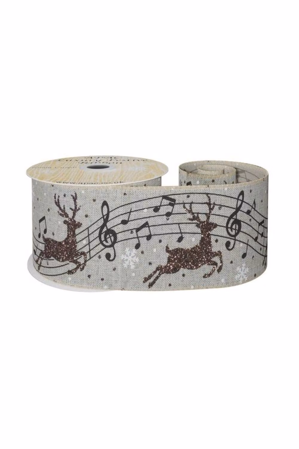 KDMD Natural Grey Ribbon with Reindeer and Musical Notes, Width: 6.3 cm, Length: 9.14 m – 2