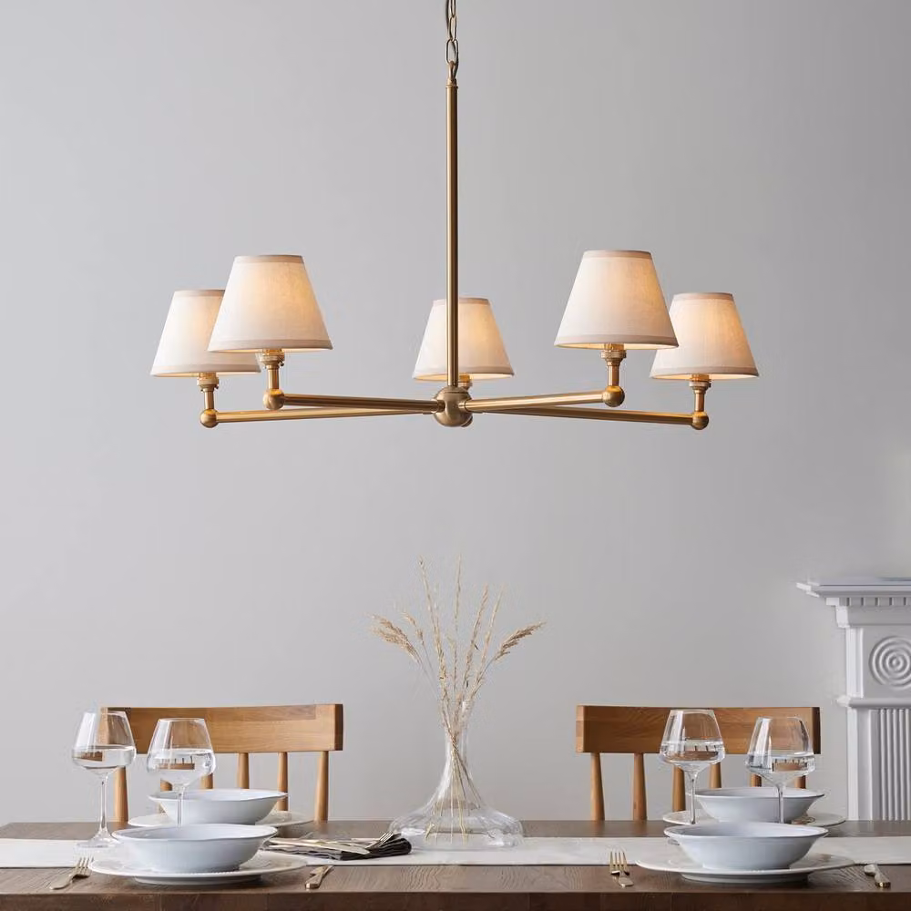 Netlighting Santiago Pendant Light with White Fabric Ivy Shade and Brass Details, Diameter: 16 cm, 5 x B22 – 2