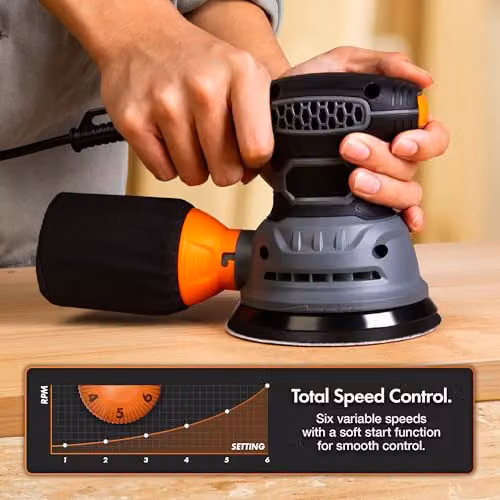 VonHaus 300W 6-Speed Orbital Sander in Grey with 125mm Base and 12 Sanding Pads – 4