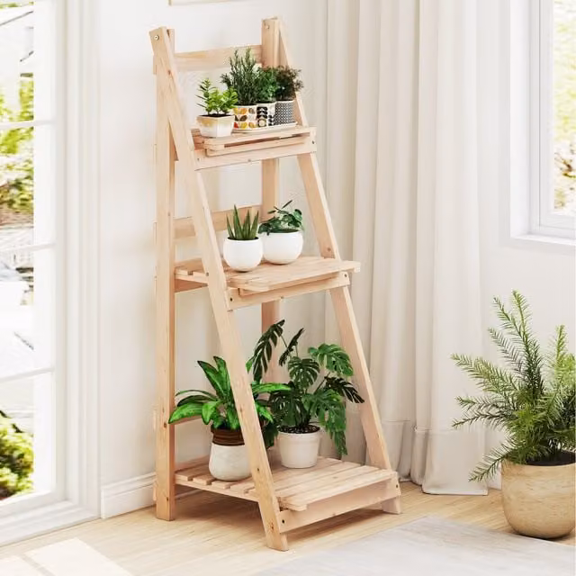 COSTWAY 3-Tier Rustic Brown Wood Ladder Plant Stand and Storage Shelf