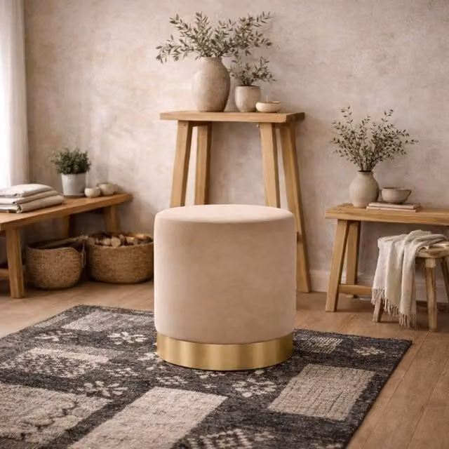 Wyld Haus Kalua Small Beige Velvet Stool with Brushed Gold Metal Base, H 44.0 cm x W 41.5 cm x D 41.5 cm – 1