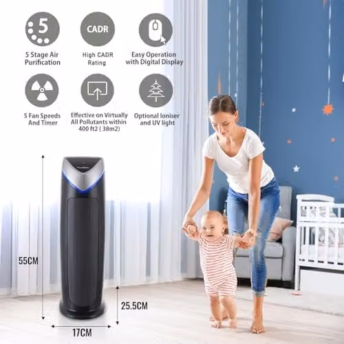 PureMate Hepa Air Purifier with Ioniser and UV Lamp, Black, featuring True Hepa and Activated Carbon Filters with Filter Change Indicator and Timer – 4
