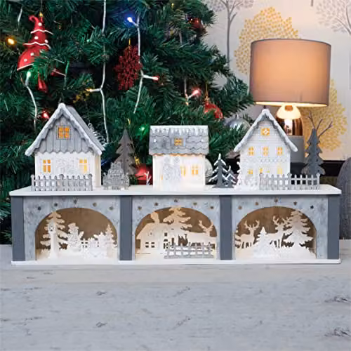 St Helens Home & Garden Battery Powered Wooden LED Light Up Christmas Festive Scene in Brown and White, W/D/H: 22.0 x 11.0 x 44.0 cm – 3