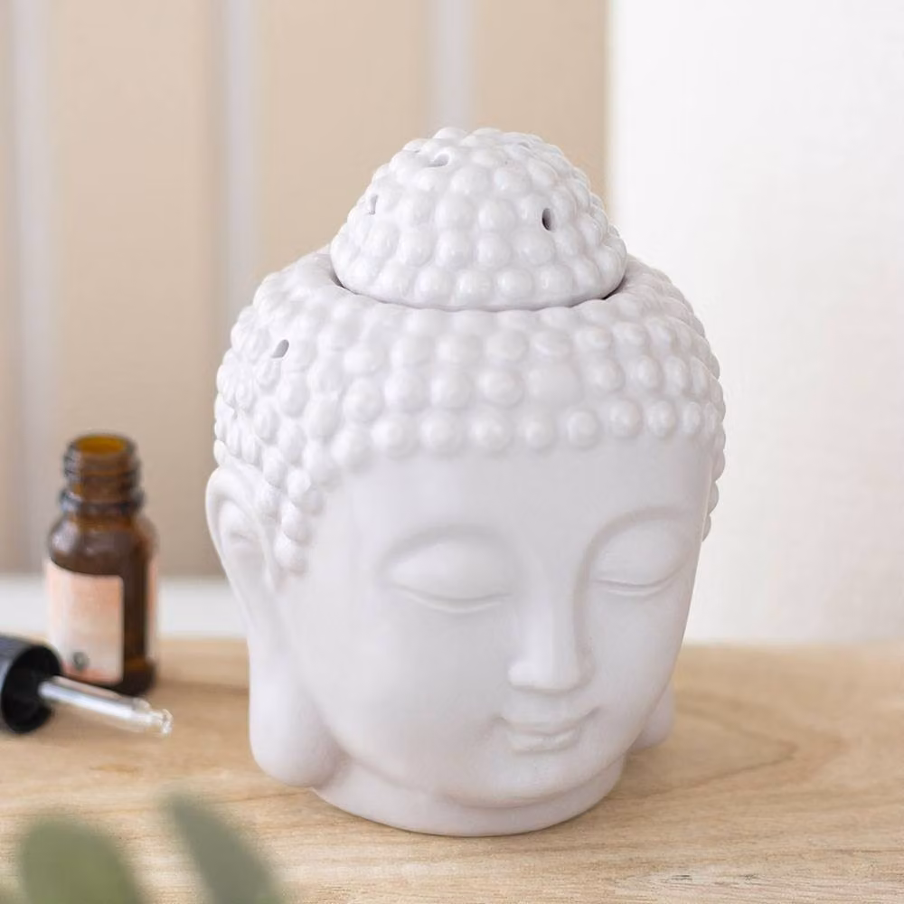 Uniqueful Grey Ceramic Buddha Head Tealight Oil Burner