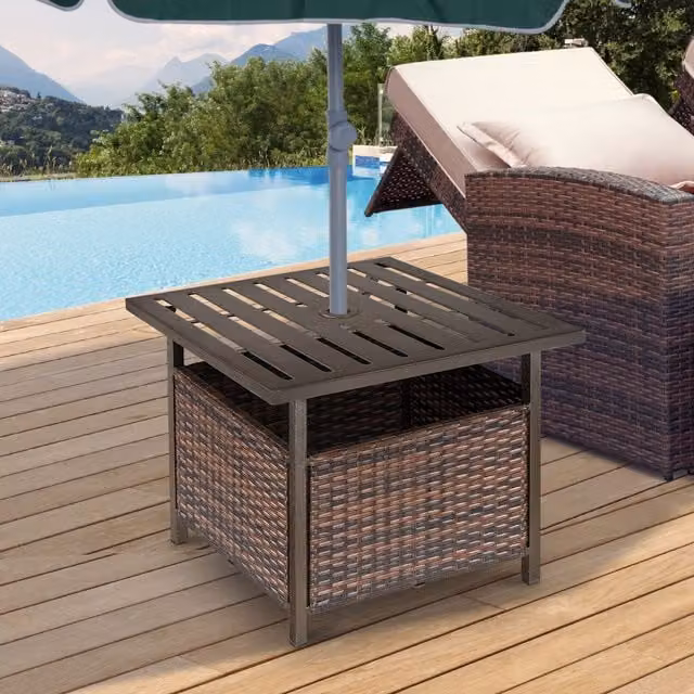 Outsunny Brown Rattan Wicker Coffee Table with Umbrella Hole