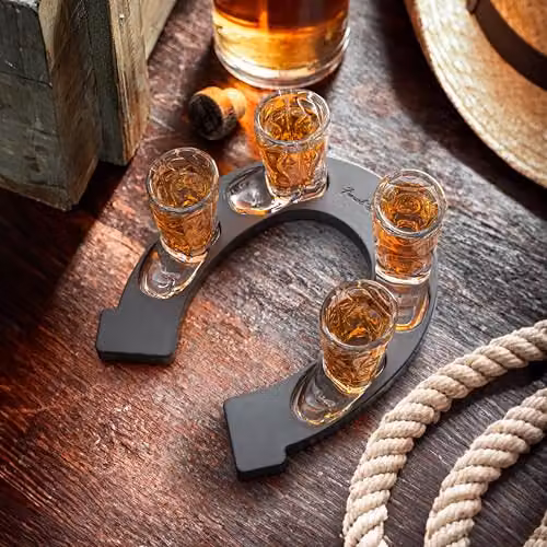 Final Touch Horseshoe Boot Shot Glass Set in Clear, featuring 4 x 1oz Cowboy Boot Glasses and a Horseshoe-Shaped Serving Tray – 5