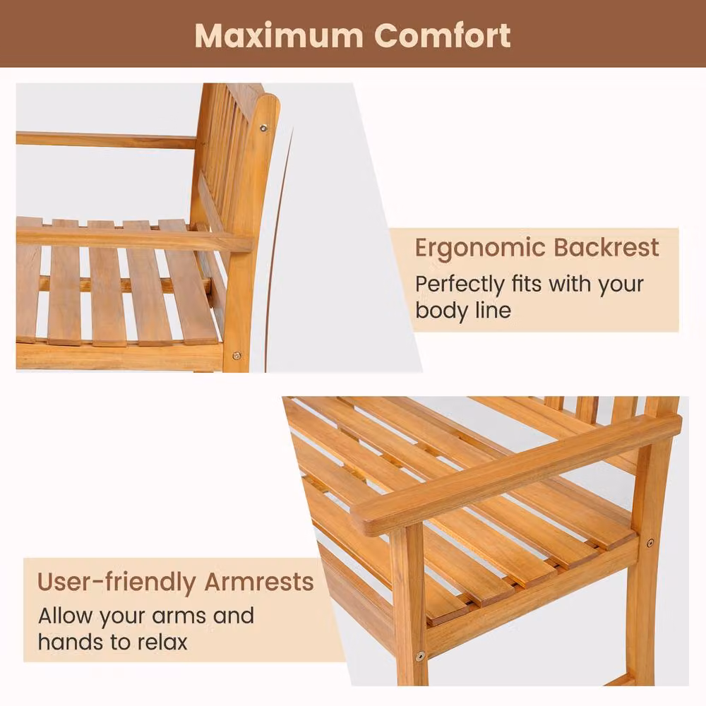 Costway Acacia Wood 2-Person Outdoor Garden Bench with Armrests in Natural Brown – 5