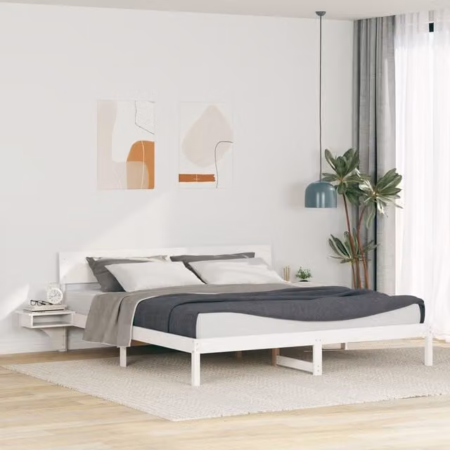 Berkfield Home Modern White Solid Pine Wood Bed Frame with Headboard and Side Compartments 200 x 200 cm