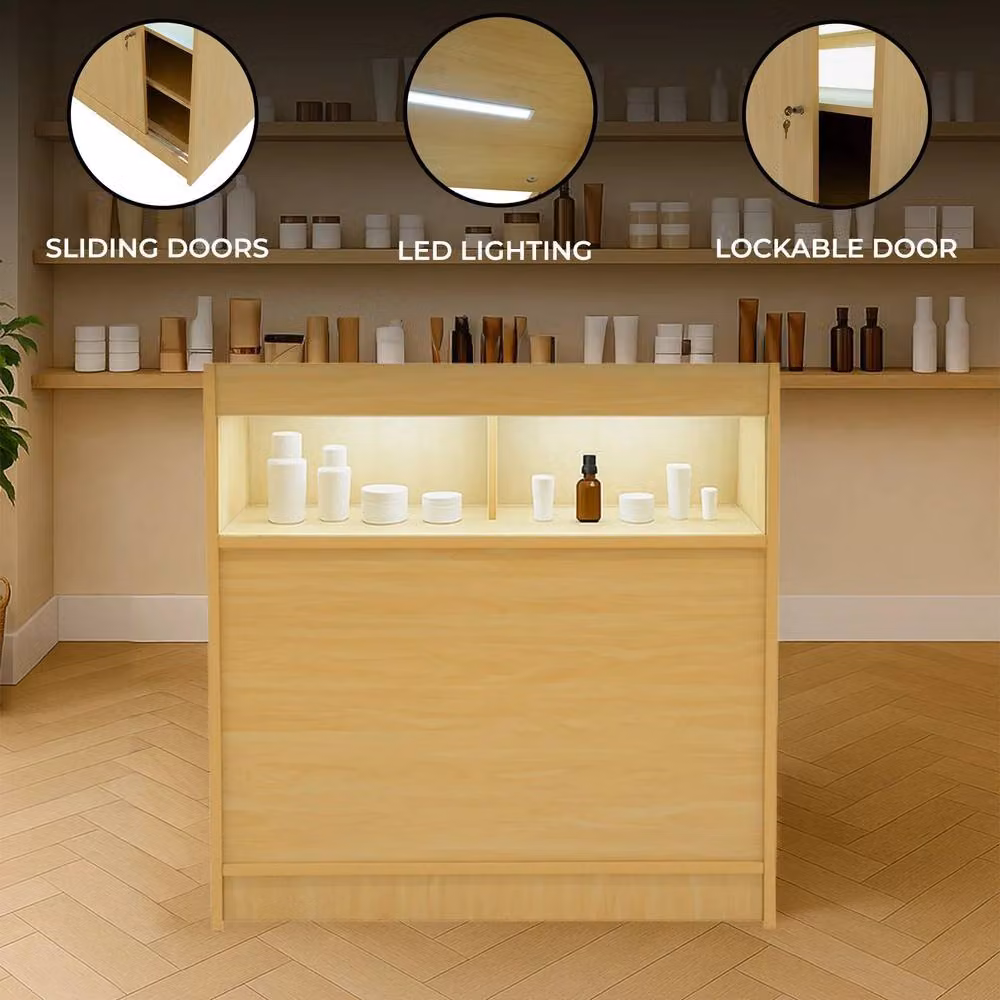 Monstershop B900 LED Retail Shop Counter with Glass Sliding Doors and Integrated Lighting in Maple Beige – 2
