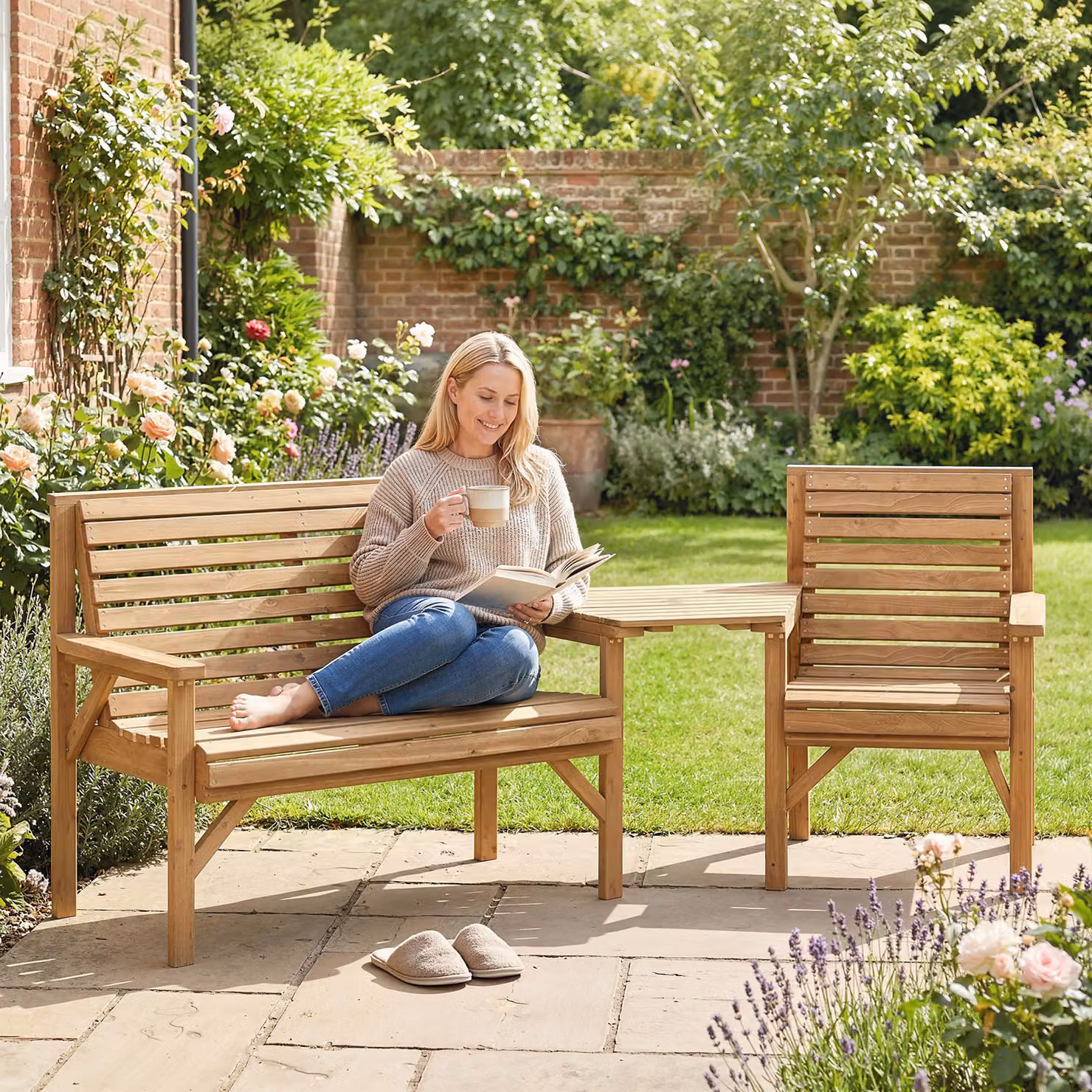 Outsunny Rustic Brown Treated Hardwood Garden Furniture Set with Rectangular Table, Bench and Chairs – 2