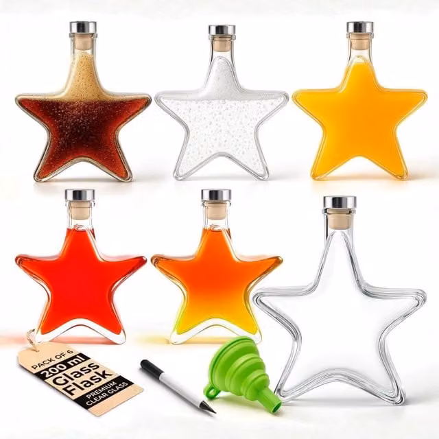 Volila Star Glass Flask Bottles with Corks, Labels and Funnel for DIY, Clear, 200ml, 6 Pack – 1
