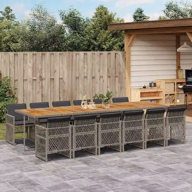 Berkfield Home 13 Piece Grey Poly Rattan Garden Dining Set with Acacia Wood and Cushions – 1