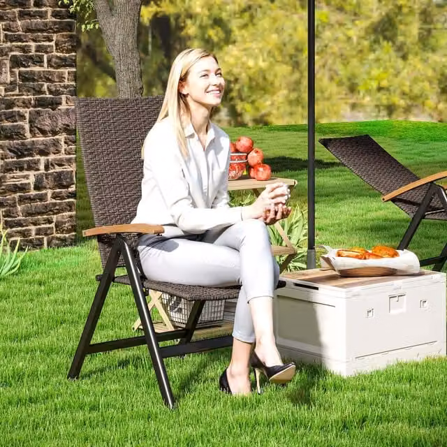 Outsunny Brown Folding Rattan Outdoor Chair with Armrests and Backrest