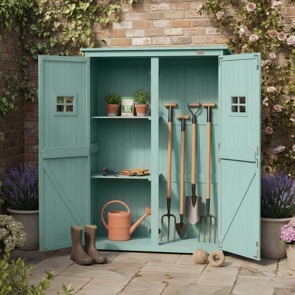 STILVORA Green Pent Garden Storage Shed with Double Doors, Window and Shelving – 6