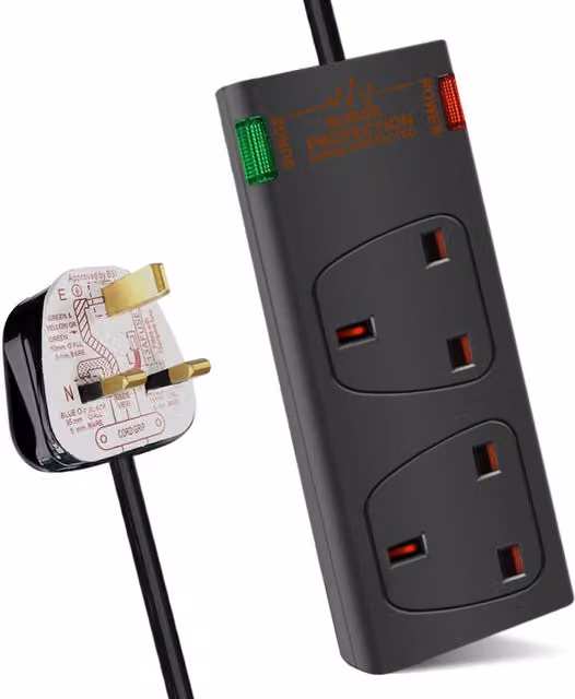 Livingandhome 2 Way Child Resistant Socket with Power Indicator and 2m Cable, Black