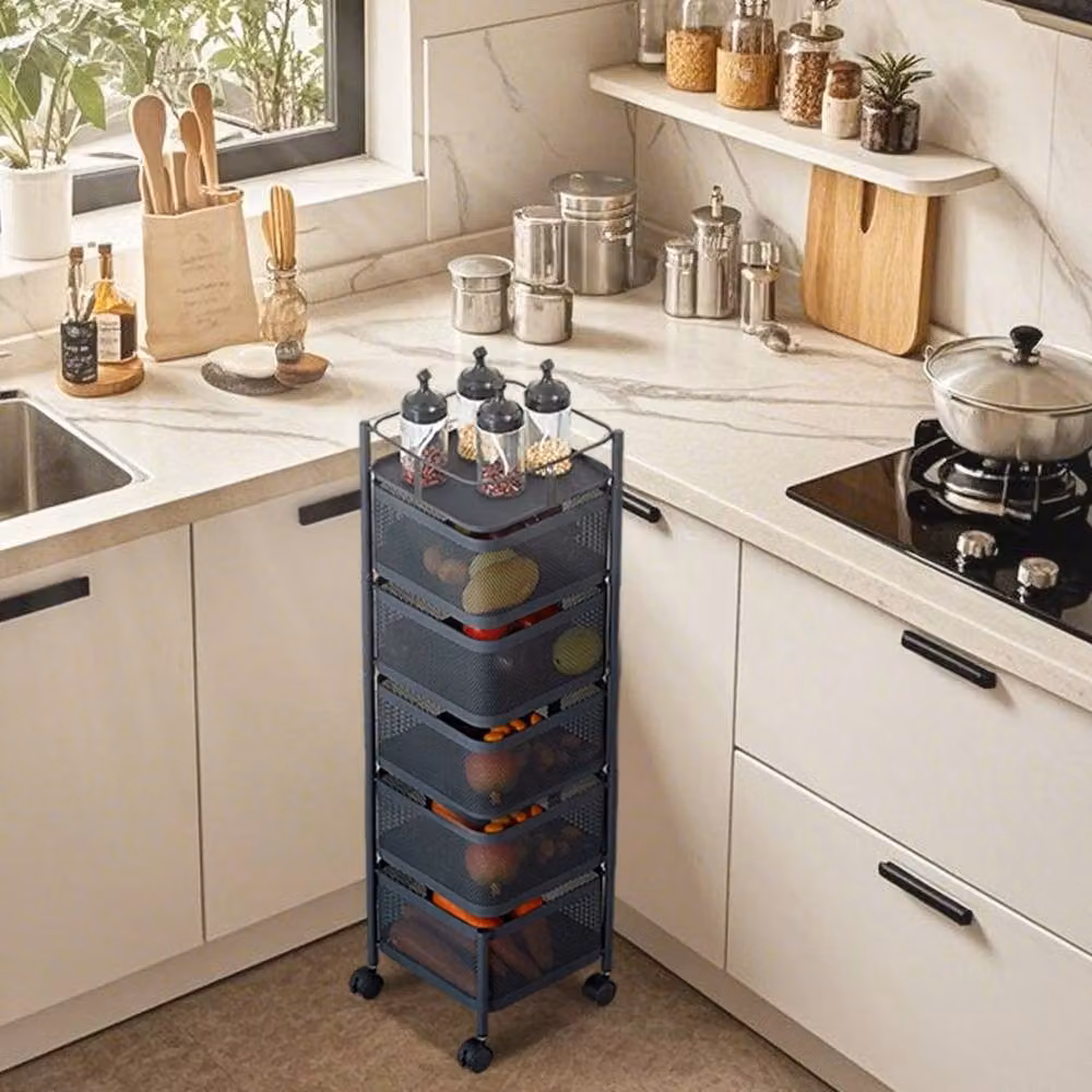 VOGREX 5 Tier Rotating Kitchen Storage Trolley in Black – 3